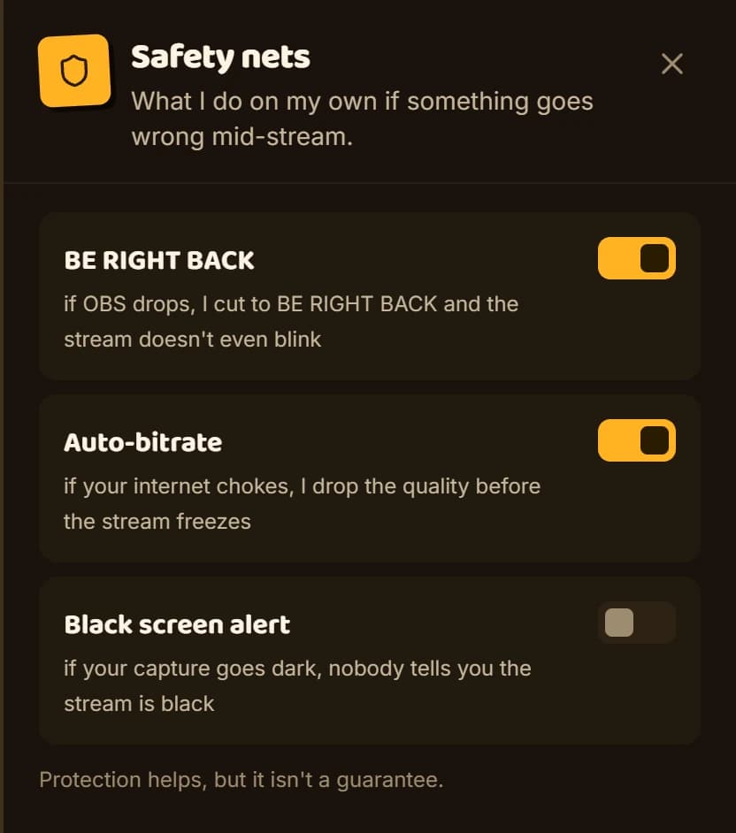 Corneta's safety nets drawer with BE RIGHT BACK and auto-bitrate turned on